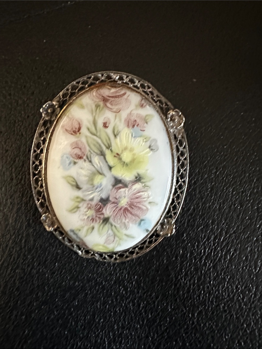 Vintage Floral Porcelain Oval Brooch with Pink, Yellow, Blue and Green